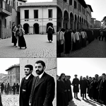 **Image Prompt:** A split image: On one side, a black and white photo depicting scenes reminiscent of the Armenian Genocide (1915-1923) with somber tones. On the other side, a vibrant and hopeful image of young Armenian and Turkish individuals participating in a cultural exchange program in a modern European city like Rome or Florence, Italy. The setting should suggest connection and understanding.