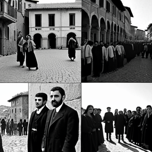 **Image Prompt:** A split image: On one side, a black and white photo depicting scenes reminiscent of the Armenian Genocide (1915-1923) with somber tones. On the other side, a vibrant and hopeful image of young Armenian and Turkish individuals participating in a cultural exchange program in a modern European city like Rome or Florence, Italy. The setting should suggest connection and understanding.