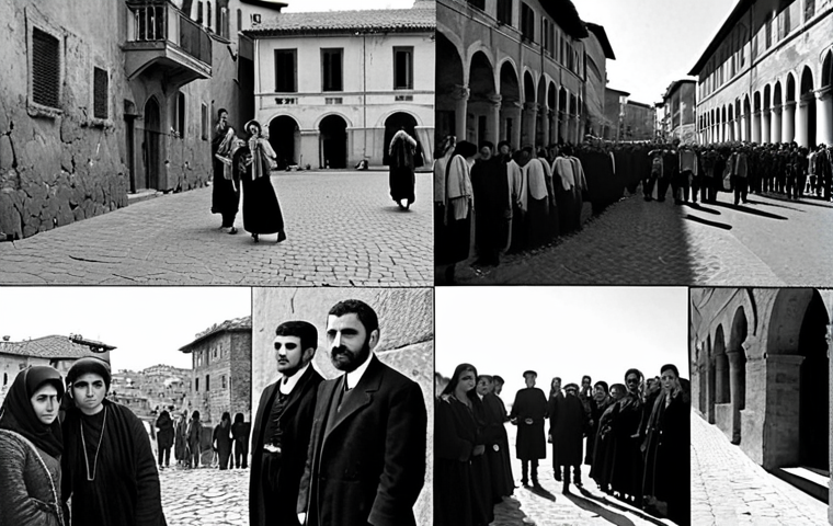 **Image Prompt:** A split image: On one side, a black and white photo depicting scenes reminiscent of the Armenian Genocide (1915-1923) with somber tones. On the other side, a vibrant and hopeful image of young Armenian and Turkish individuals participating in a cultural exchange program in a modern European city like Rome or Florence, Italy. The setting should suggest connection and understanding.