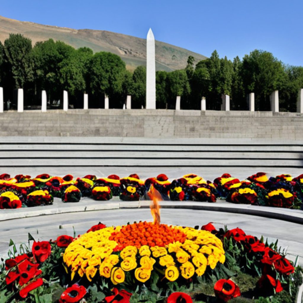 Commemoration in Yerevan**
"A solemn commemoration ceremony in Yerevan, Armenia, honoring the victims of the Armenian Genocide. People are laying flowers at the Tsitsernakaberd memorial complex. In the background, the eternal flame burns brightly. The atmosphere is respectful and somber. Include elements of Armenian cultural heritage and architecture. Safe for work, appropriate content, fully clothed, professional, modest, family-friendly, perfect anatomy, correct proportions, natural pose, high resolution, realistic."
**
