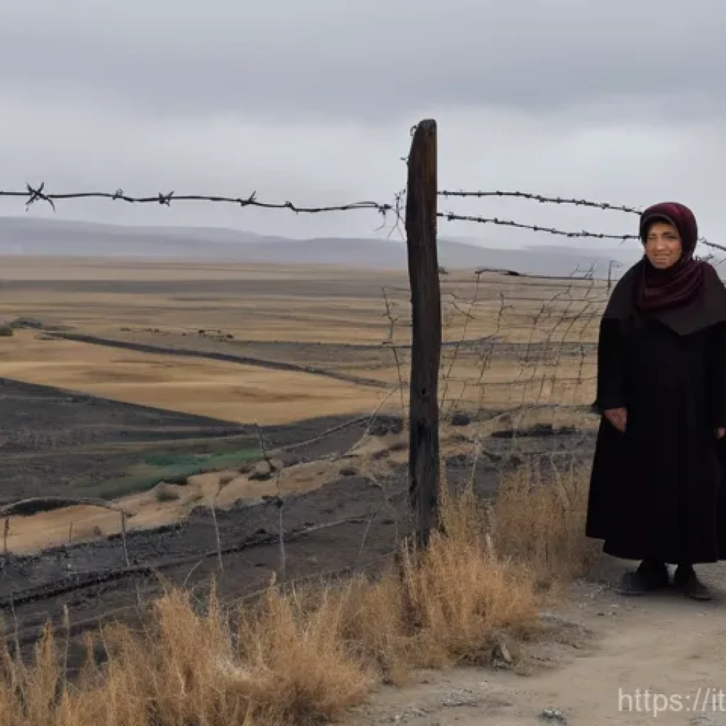 아르메니아 터키 국경 폐쇄 이유 - A poignant, realistic photograph depicting a desolate, aged border fence constructed from weathered ...