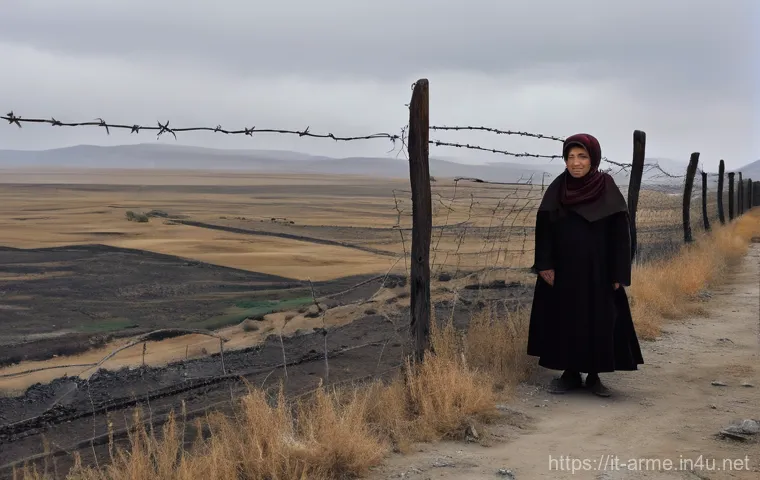 아르메니아 터키 국경 폐쇄 이유 - A poignant, realistic photograph depicting a desolate, aged border fence constructed from weathered ...