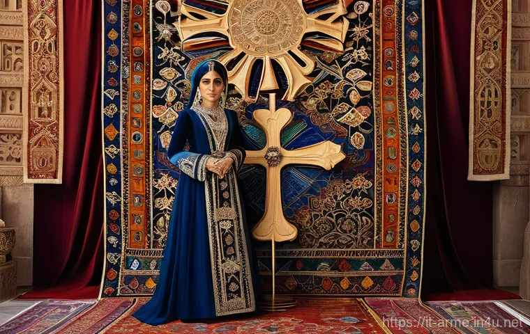 아르메니아 국립박물관 탐방 - **Prompt:** A close-up view of an open medieval Armenian illuminated manuscript. The pages are made ...