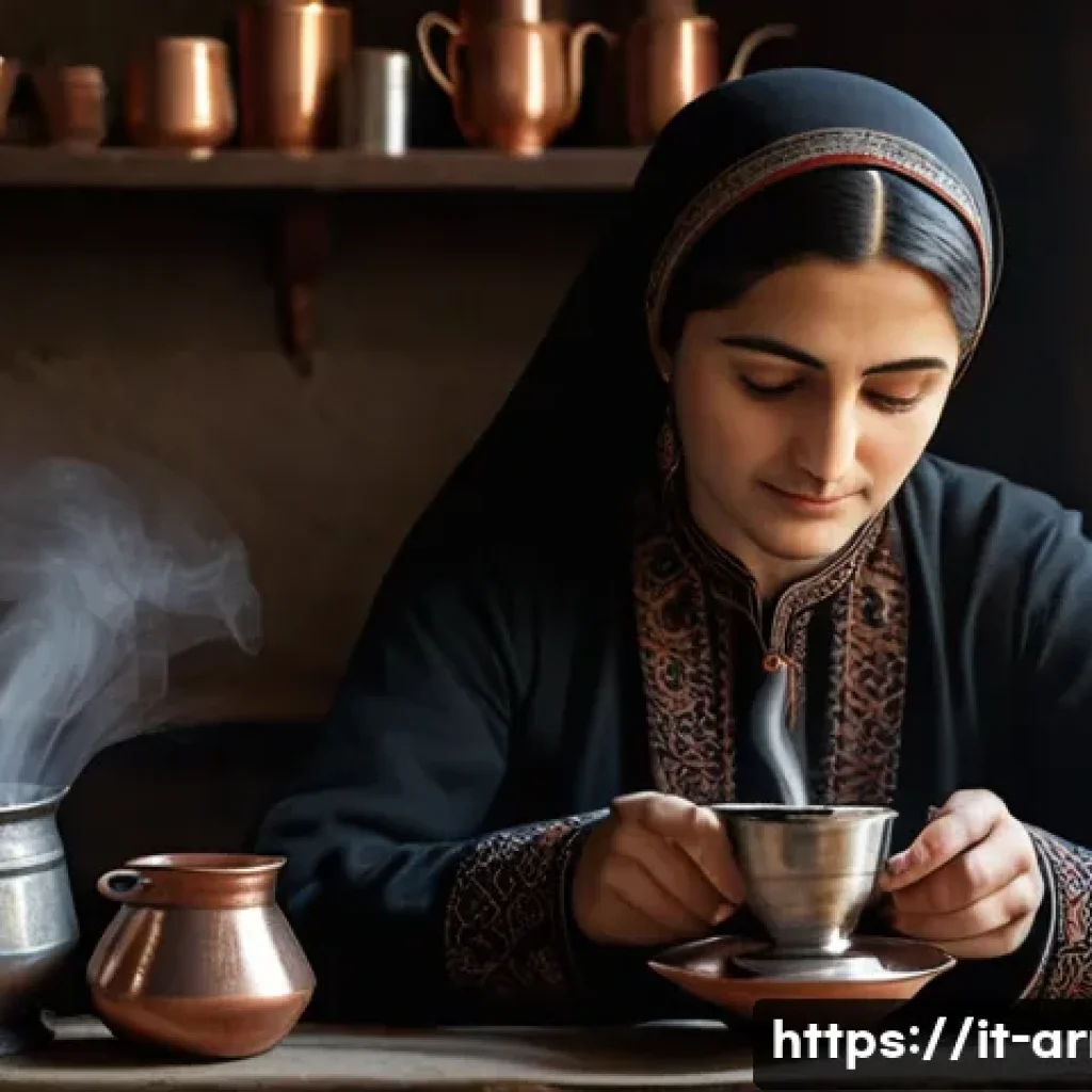아르메니아 커피 문화 - **A traditional Armenian woman meticulously preparing coffee in a copper *jezve* over a gentle flame...