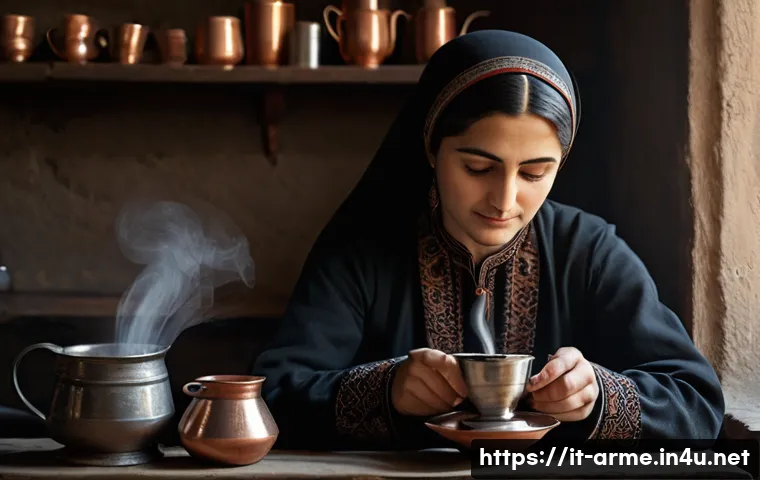 아르메니아 커피 문화 - **A traditional Armenian woman meticulously preparing coffee in a copper *jezve* over a gentle flame...