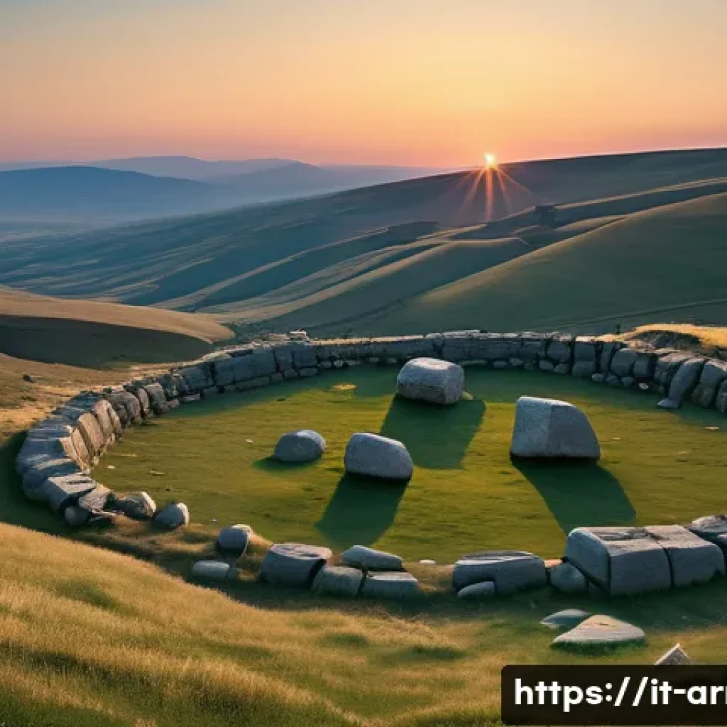 아르메니아의 고대 유적지  조라츠 카레르 - A panoramic view of an ancient megalithic site on a high-altitude Armenian plateau during golden hou...