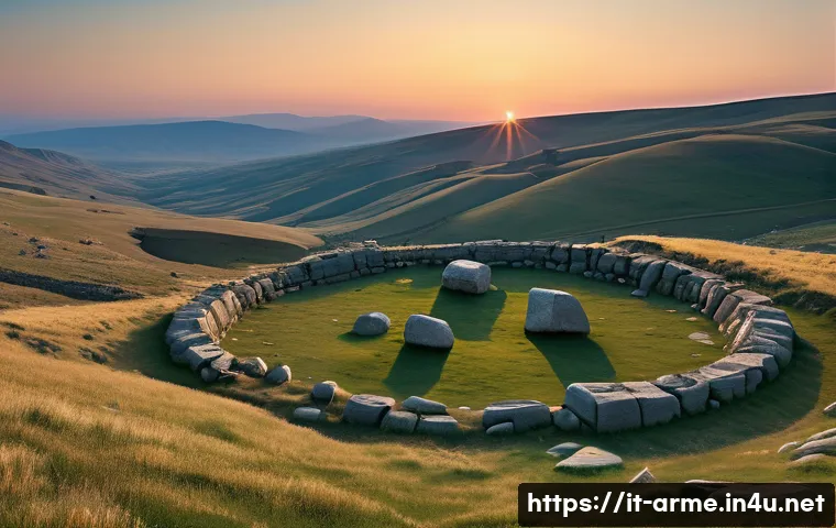 아르메니아의 고대 유적지  조라츠 카레르 - A panoramic view of an ancient megalithic site on a high-altitude Armenian plateau during golden hou...