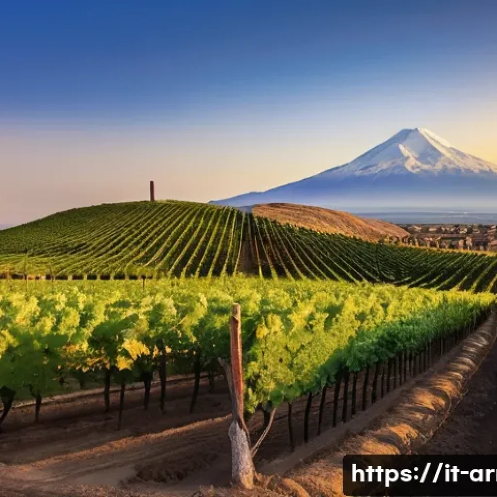 아르메니아 와인 브랜드 추천 - A panoramic vineyard landscape in the Ararat Valley during golden hour, showcasing rows of lush grap...
