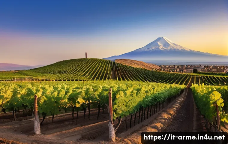 아르메니아 와인 브랜드 추천 - A panoramic vineyard landscape in the Ararat Valley during golden hour, showcasing rows of lush grap...