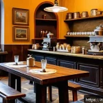 Home 19 아르메니아 올드타운 카페 추천 - A cozy vintage café interior in Yerevan’s Old Town, featuring worn wooden furniture, wrought iron ta...