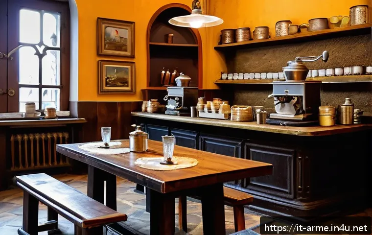 아르메니아 올드타운 카페 추천 - A cozy vintage café interior in Yerevan’s Old Town, featuring worn wooden furniture, wrought iron ta...