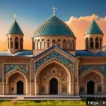 Home 23 아르메니아와 페르시아 제국의 관계 - A detailed architectural scene showcasing an ancient Armenian church with clear Persian influences: ...