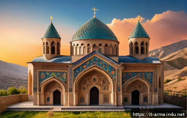 아르메니아와 페르시아 제국의 관계 - A detailed architectural scene showcasing an ancient Armenian church with clear Persian influences: ...